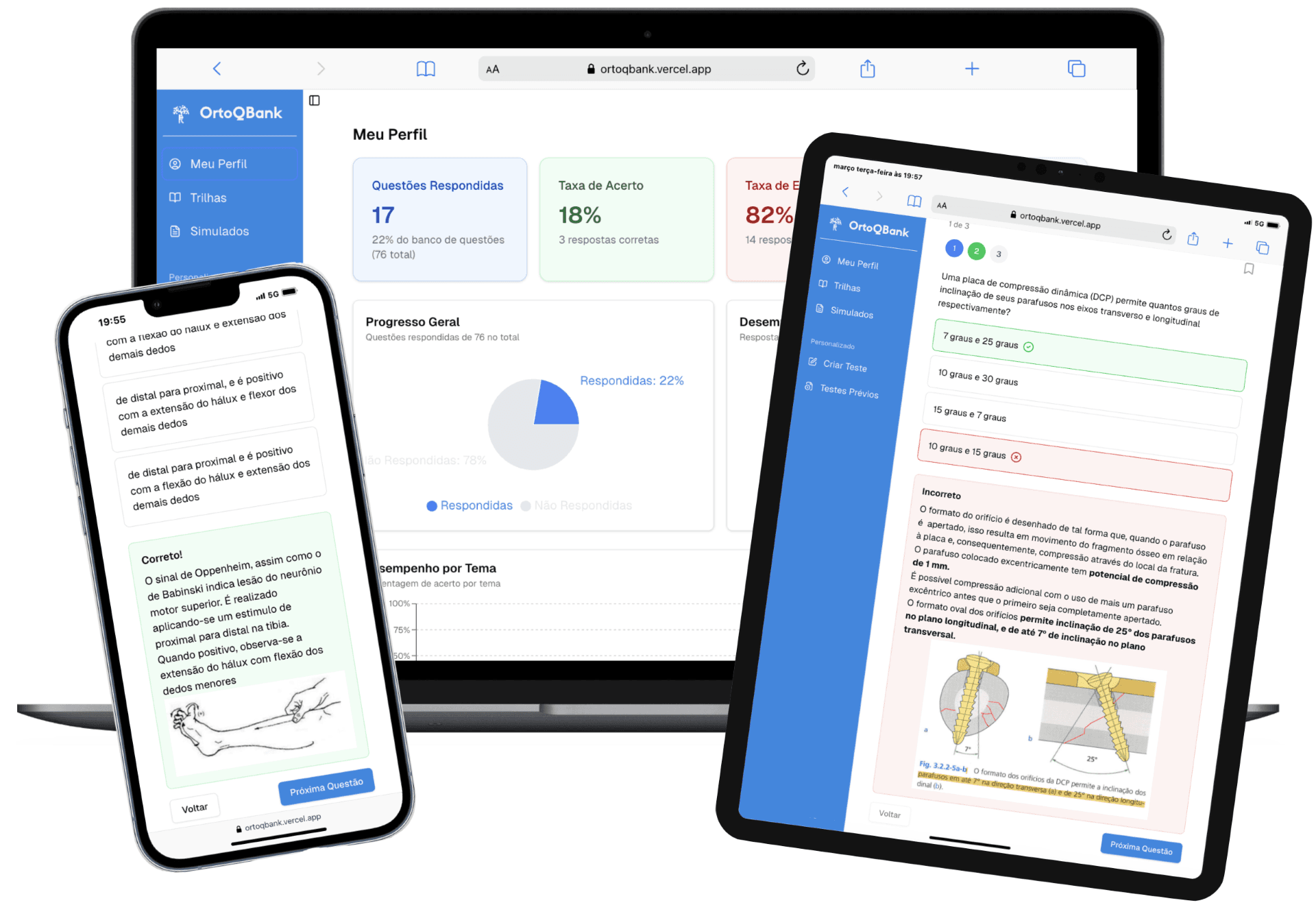 OrtoQBank plataforma em múltiplos dispositivos mostrando questões e estatísticas